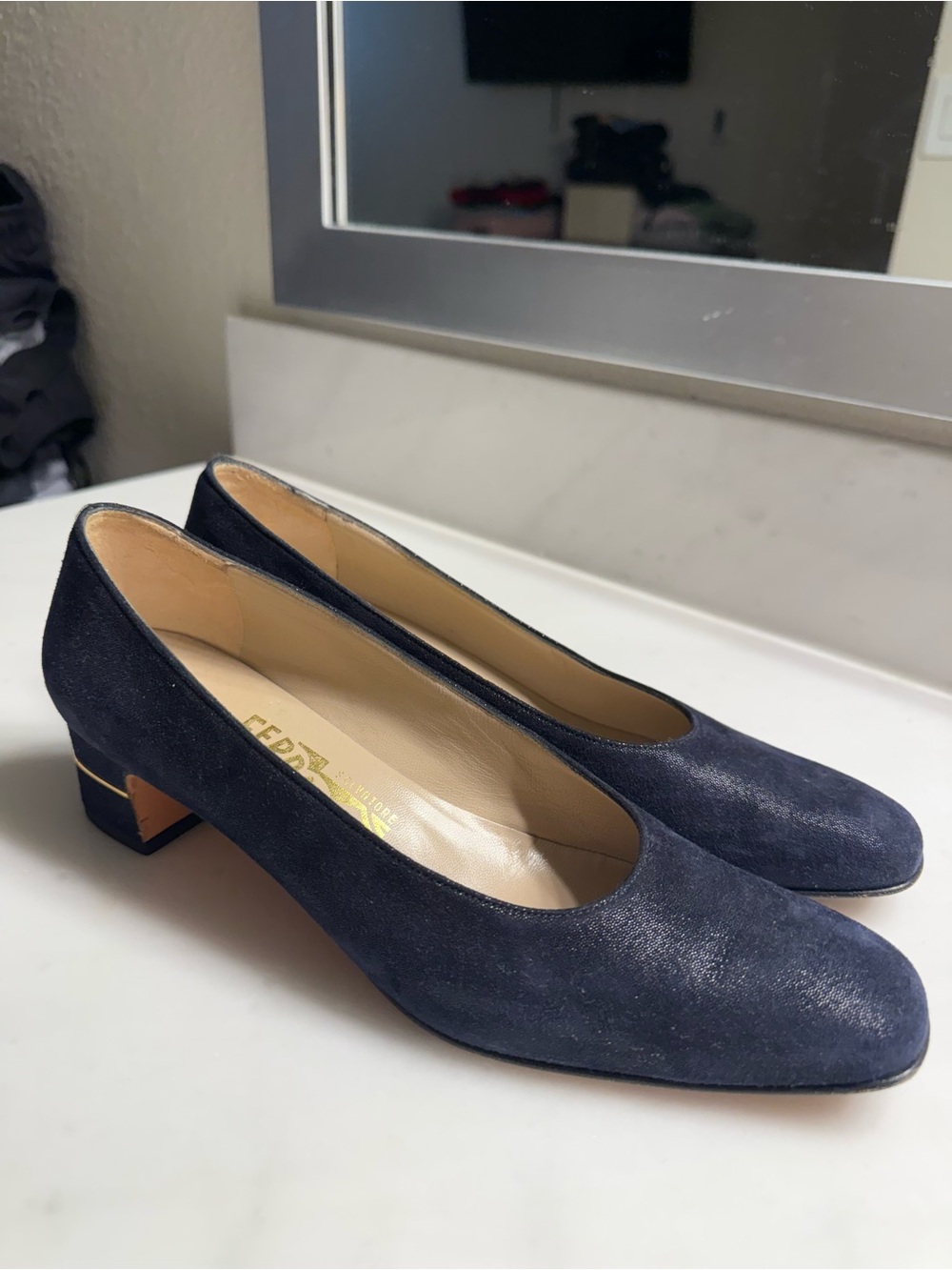 Vintage Salvatore Ferragamo Navy Suede Low Block Heel Pumps